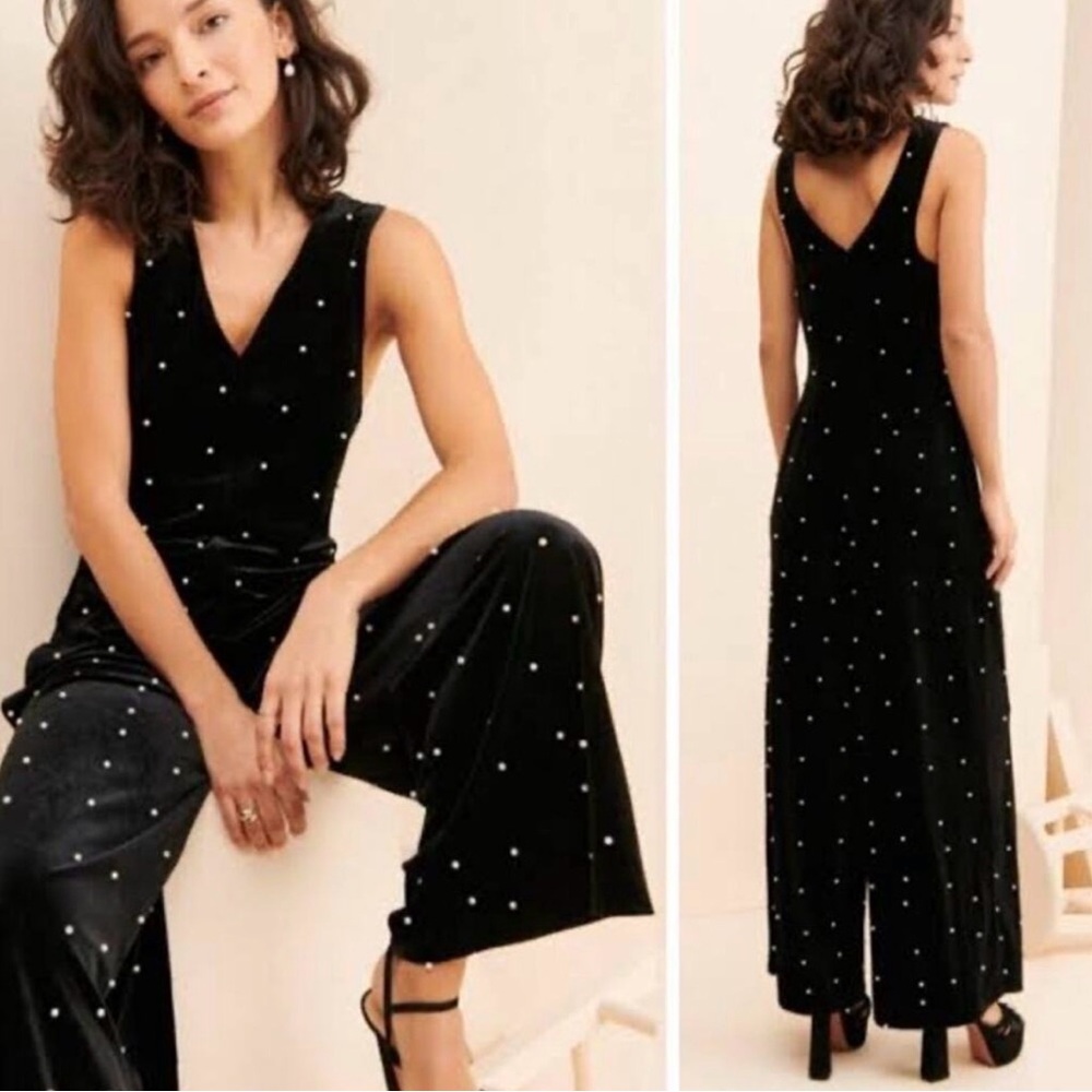 Eva Franco Black Velvet Jumpsuit with White Pearls